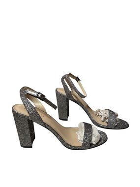 Pelle Moda Brynn Metallic Pewter glittery fabric dress chunky blockheel sandals
